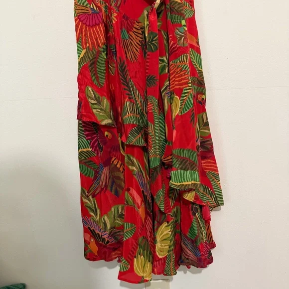 Farm Rio Belted Ruffle Crepe Red Parrot Jungle Print Midi Dress SIZE XL - Picture 4 of 9